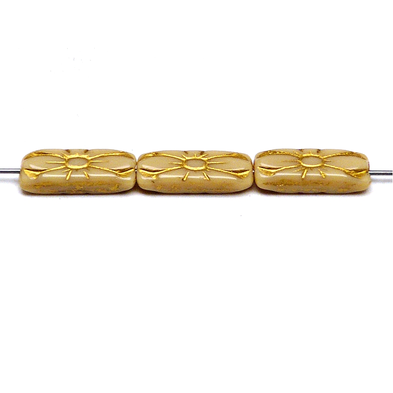 8pcs Czech Pressed Glass Rectangular Beads with Floral Motif 20x8mm Opaque Beige Golden Fired Color