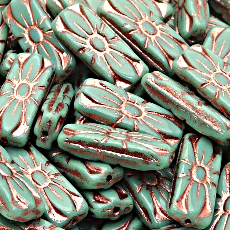 8pcs Czech Pressed Glass Rectangular Beads with Floral Motif 20x8mm Opaque Turquoise Green Bronze Fired Color