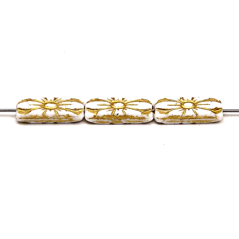 8pcs Czech Pressed Glass Rectangular Beads with Floral Motif 20x8mm Chalk White Golden Fired Color