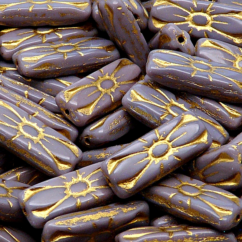8pcs Czech Pressed Glass Rectangular Beads with Floral Motif 20x8mm Opaque Amethyst Golden Fired Color
