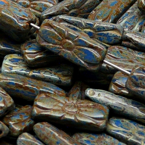 8pcs Czech Pressed Glass Rectangular Beads with Floral Motif 20x8mm Opaque Navy Blue Travertin