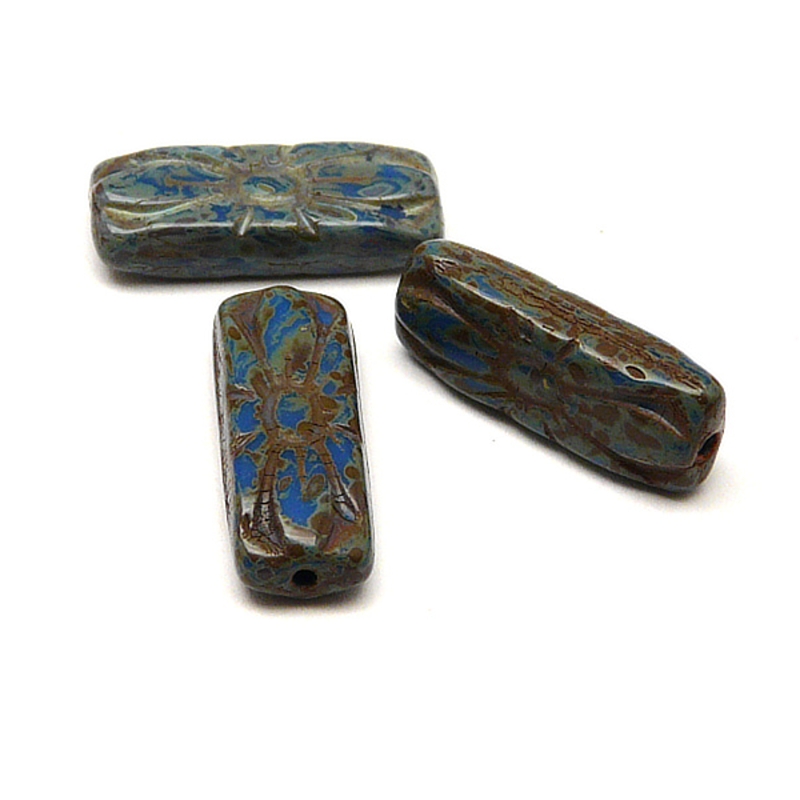 8pcs Czech Pressed Glass Rectangular Beads with Floral Motif 20x8mm Opaque Navy Blue Travertin