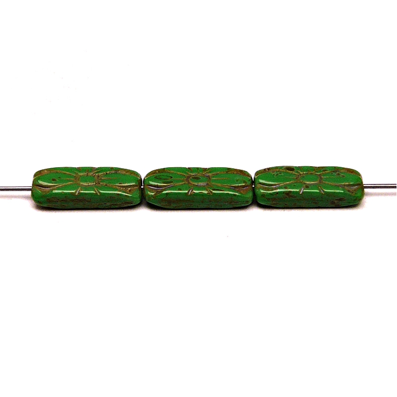 8pcs Czech Pressed Glass Rectangular Beads with Floral Motif 20x8mm Opaque Green Travertin
