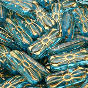 8pcs Czech Pressed Glass Rectangular Beads with Floral Motif 20x8mm Aquamarine Golden Fired Color