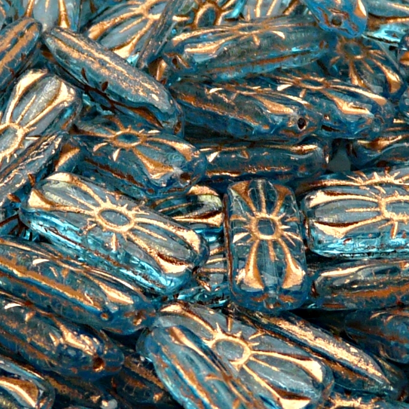 8pcs Czech Pressed Glass Rectangular Beads with Floral Motif 20x8mm Aquamarine Bronze Fired Color