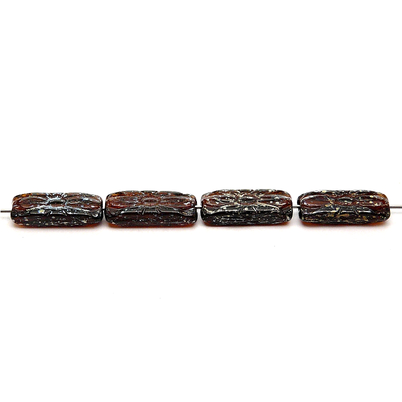 8pcs Czech Pressed Glass Rectangular Beads with Floral Motif 20x8mm Dark Topaz Picasso