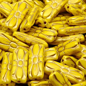 8pcs Czech Pressed Glass Rectangular Beads with Floral Motif 20x8mm Opaque Yellow Golden Fired Color