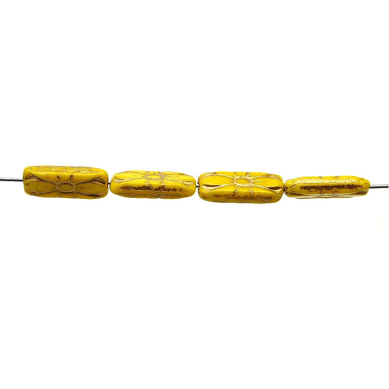 8pcs Czech Pressed Glass Rectangular Beads with Floral Motif 20x8mm Opaque Yellow Golden Fired Color
