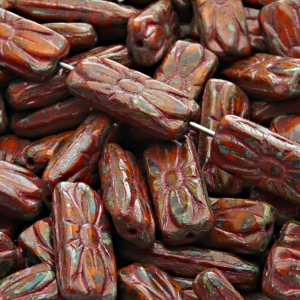 8pcs Czech Pressed Glass Rectangular Beads with Floral Motif 20x8mm Opaque Orange Travertin