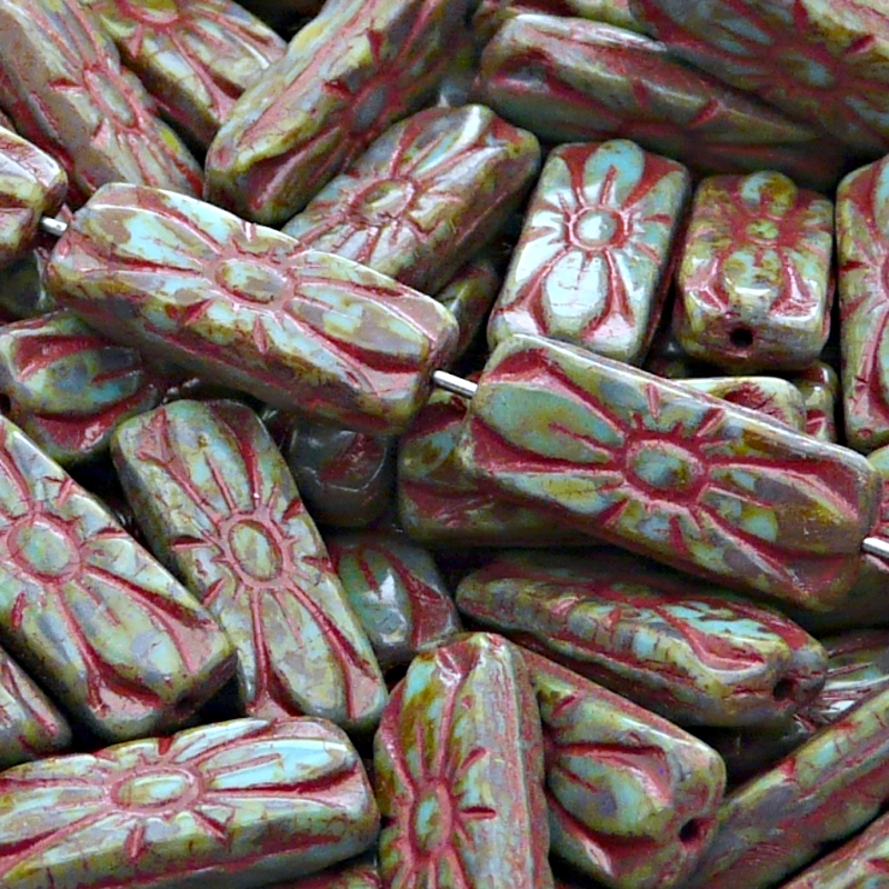 8pcs Czech Pressed Glass Rectangular Beads with Floral Motif 20x8mm Opaque Turquoise Blue Travertin Pink Fired Color