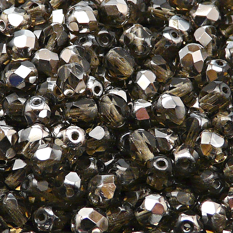 50pcs Czech Fire Polished Faceted Glass Beads Round 6mm Black Diamond Chrome