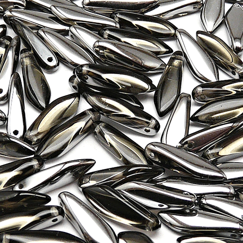 30pcs Czech Pressed Glass Dagger Beads 5x16mm Black Diamond Chrome