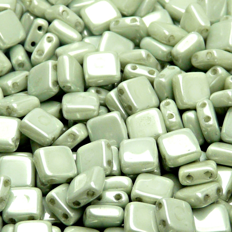 40pcs Czech Two Hole Pressed Glass Tile Beads 6mm Opaque Light Green Ceramic Look