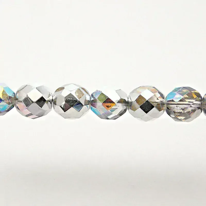 10pcs Czech Fire Polished Faceted Glass Beads Round 10mm Crystal Silver Rainbow