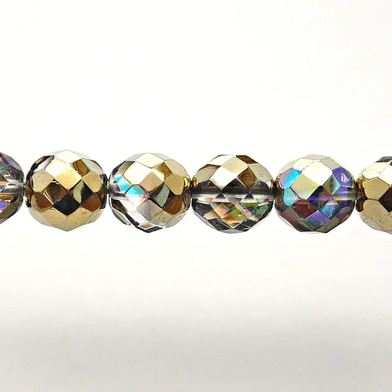 8pcs Czech Fire Polished Faceted Glass Beads Round 12mm Crystal Golden Rainbow