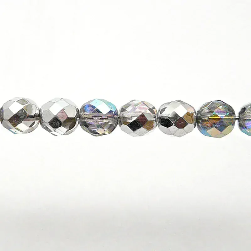 25pcs Czech Fire Polished Faceted Glass Beads Round 8mm Crystal Silver Rainbow