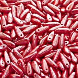50pcs Czech Pressed Glass Dagger Beads 3x11mm Opaque Red Coral White Luster