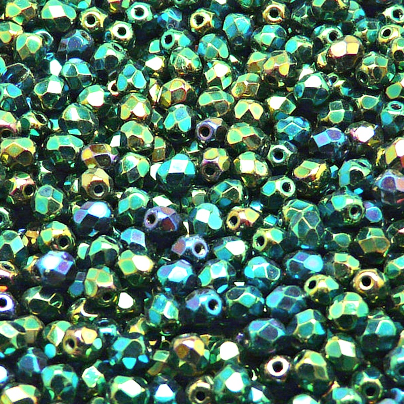 100pcs Czech Fire Polished Faceted Glass Beads Round 4mm Jet Green Iris