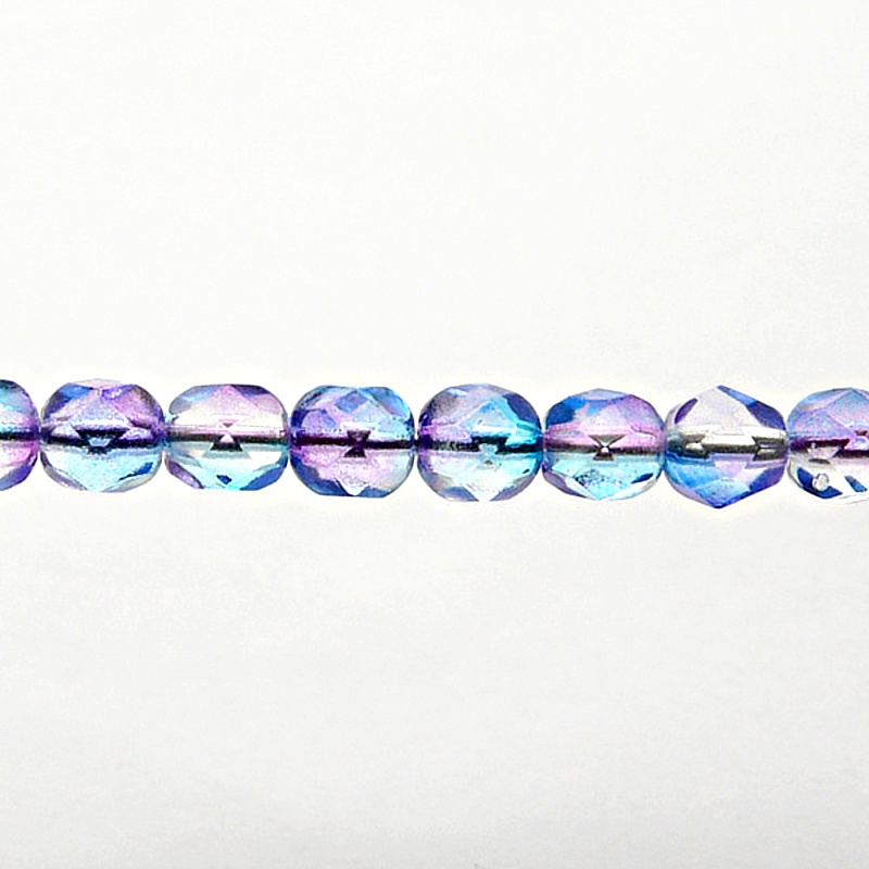 50pcs Czech Fire Polished Faceted Glass Beads Round 6mm Crystal Aqua Blue Pink Two Tone Color Luster Coating