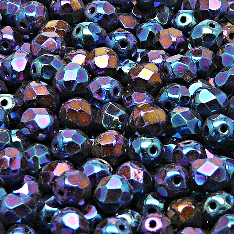 50pcs Czech Fire Polished Faceted Glass Beads Round 6mm Jet Blue Iris