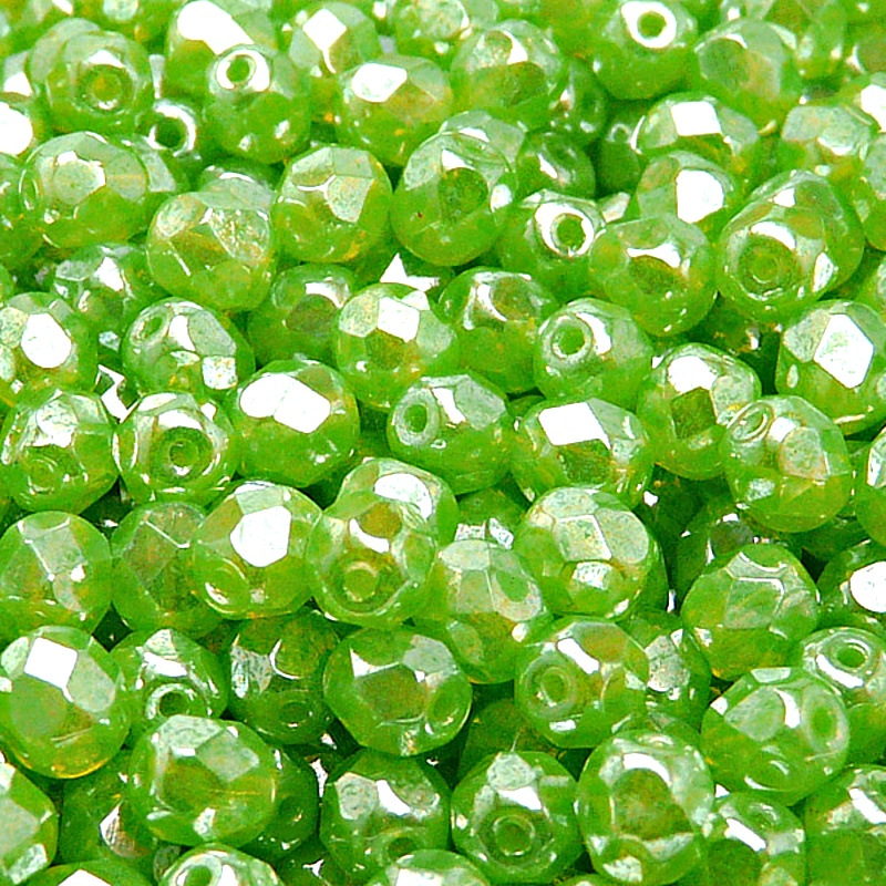 50pcs Czech Fire Polished Faceted Glass Beads Round 6mm Green Opal White Luster