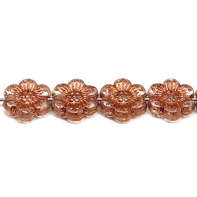 8pcs Czech Pressed Glass Flat Flower Beads 14mm Crystal Bronze Fired Color