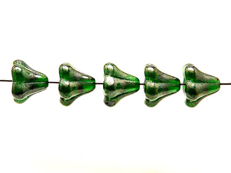 10pcs Czech Pressed Glass Bell Flowers Beads 11x13mm Chrysolite White Luster