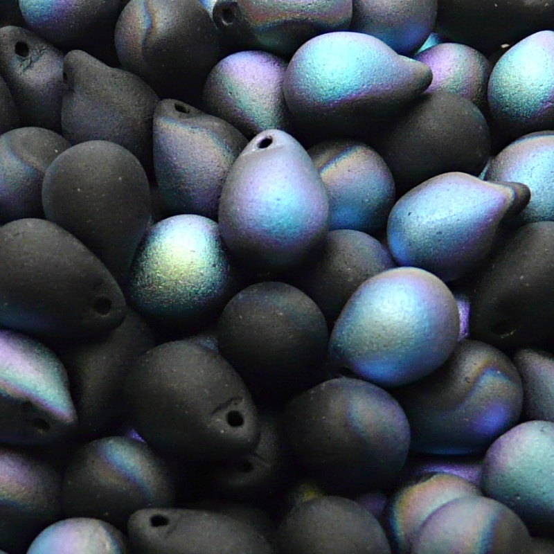 10pcs Czech Pressed Glass Teardrop Beads 10x14mm Jet AB Matte