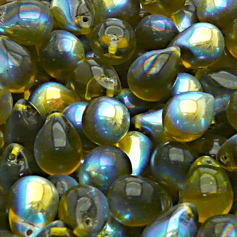 10pcs Czech Pressed Glass Teardrop Beads 10x14mm Brown Olivine AB