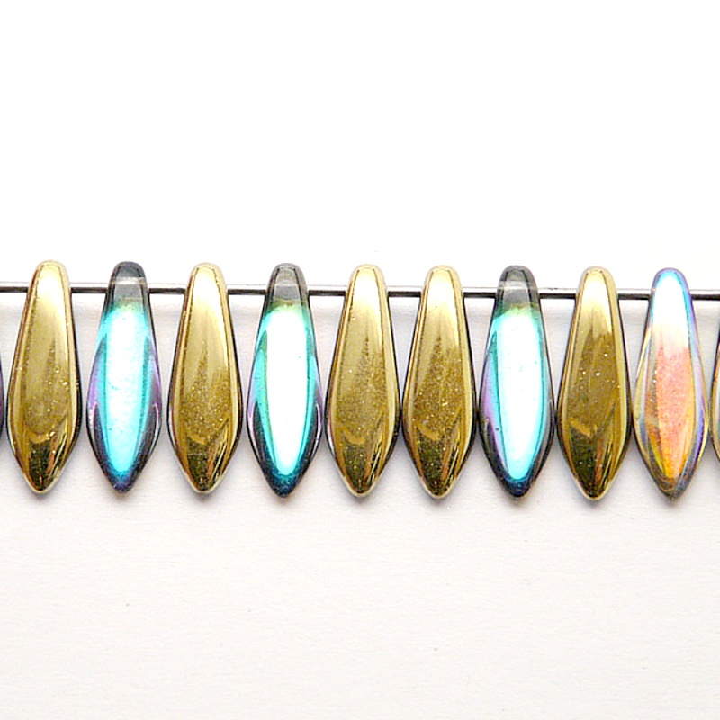 30pcs Czech Pressed Glass Dagger Beads 5x16mm Crystal Golden Rainbow