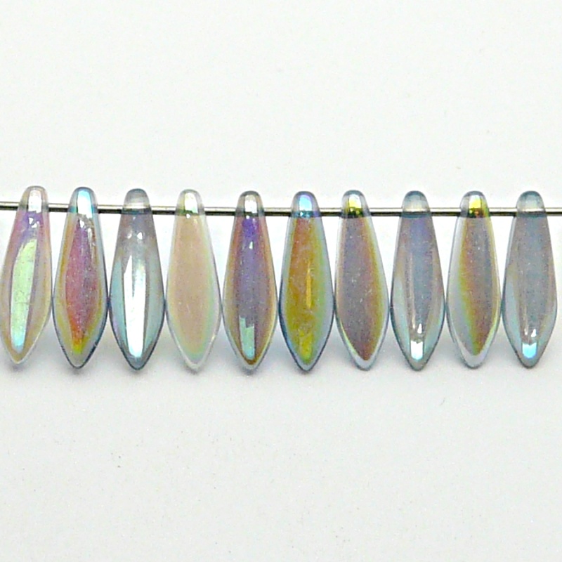 30pcs Czech Pressed Glass Dagger Beads 5x16mm Crystal Blue Rainbow