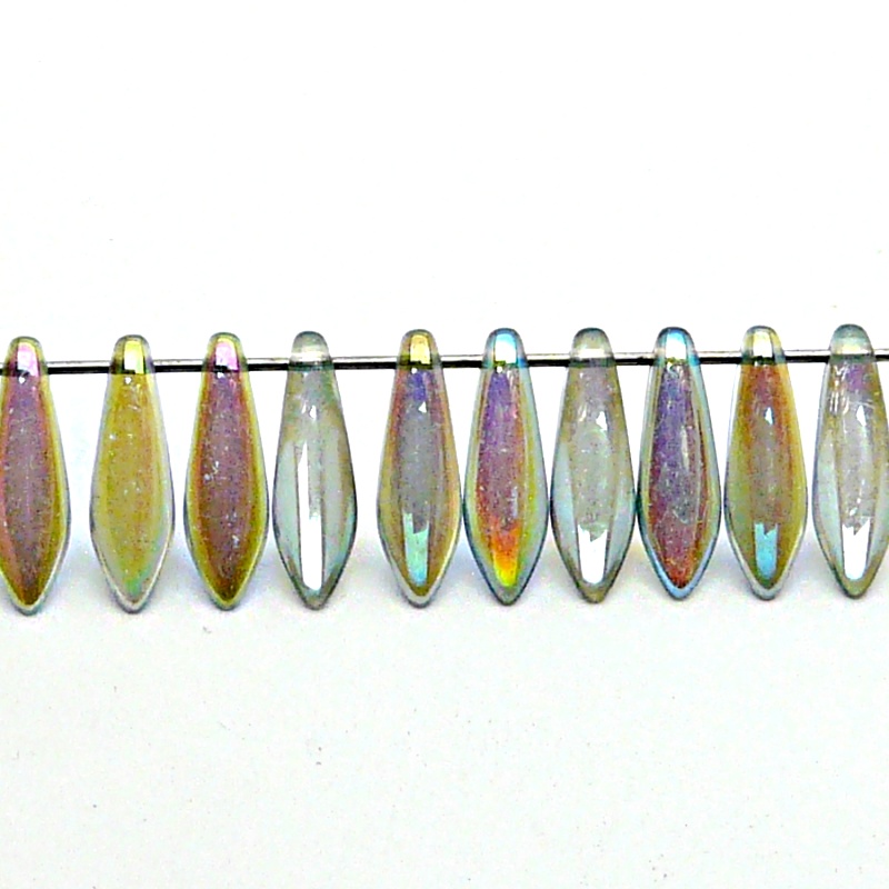30pcs Czech Pressed Glass Dagger Beads 5x16mm Crystal Green Rainbow