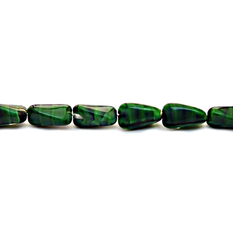 10pcs Czech Pressed Glass Rectangular Beveled Beads 14x9mm Emerald Jet Striped Moonlight (26507)