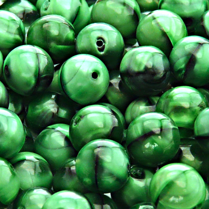 10pcs Czech Pressed Glass Round Beads 10mm Emerald Jet Striped Moonlight (26507)