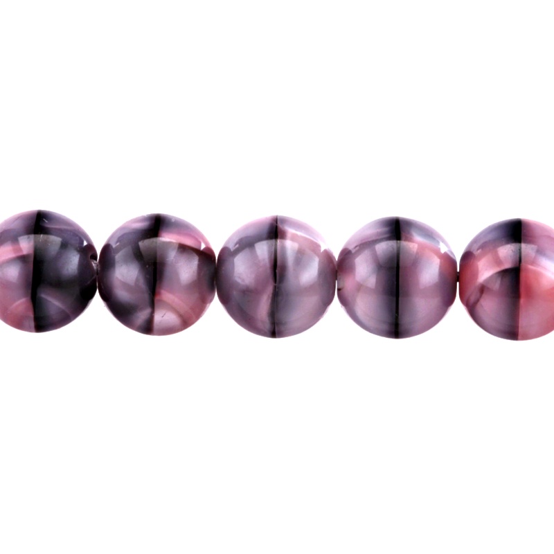 10pcs Czech Pressed Glass Round Beads 10mm Pink Jet Striped Moonlight (26707)