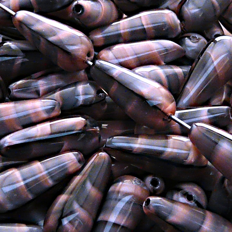8pcs Czech Pressed Glass Drop Beads 20x9mm Pink Jet Striped Moonlight (26707)