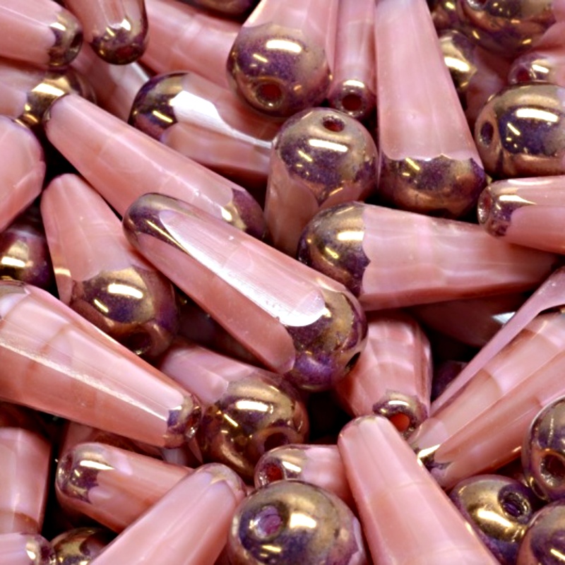 4pcs Czech Fire Polished Faceted Glass Drop Beads 20x9mm Pink Striped Moonlight Bronze Luster (76017)
