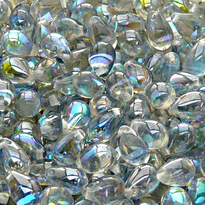 30pcs Czech Pressed Glass Teardrop Beads 6x9mm Crystal Blue Rainbow