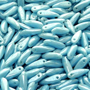 50pcs Czech Pressed Glass Dagger Beads 3x11mm Opaque Turquoise Blue White Luster