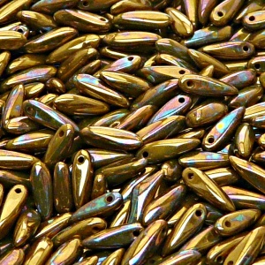 50pcs Czech Pressed Glass Dagger Beads 3x11mm Opaque Yellow Red Vega Iris Luster
