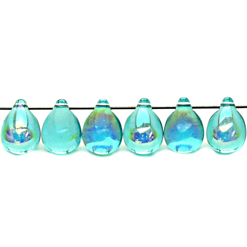 10pcs Czech Pressed Glass Teardrop Beads 10x14mm Light Green Aquamarine AB