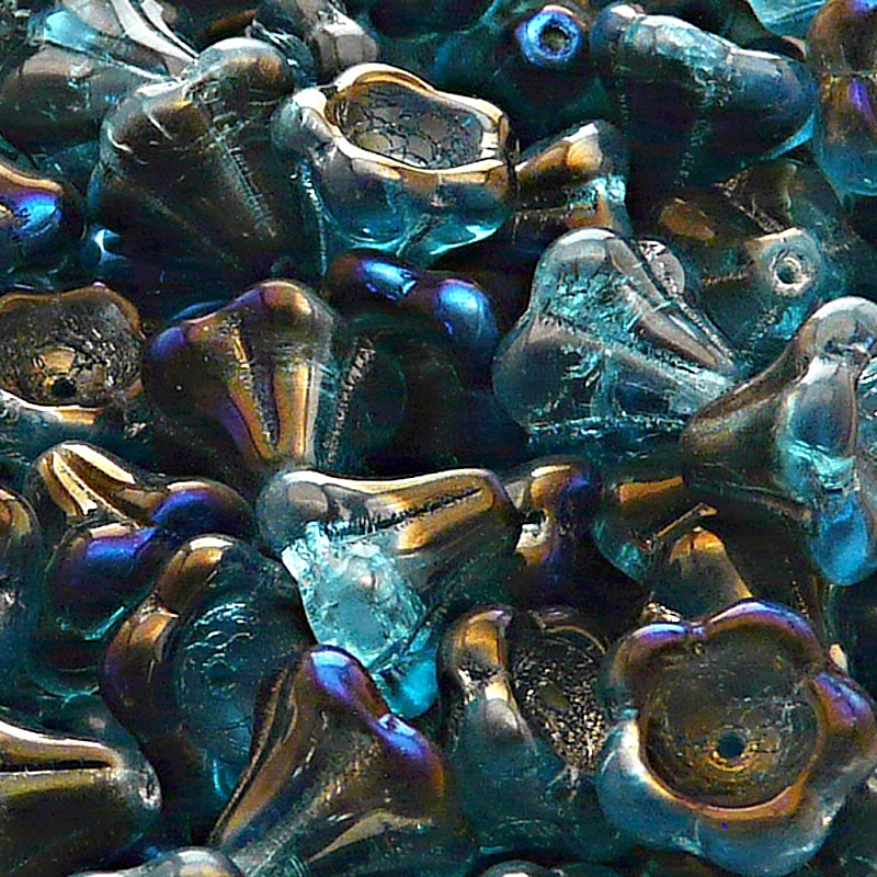 10pcs Czech Pressed Glass Bell Flowers Beads 11x13mm Light Aquamarine Azuro