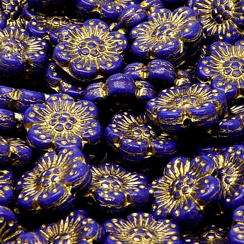 8pcs Czech Pressed Glass Flat Flower Beads 14mm Opaque Royal Blue Golden Fired Color