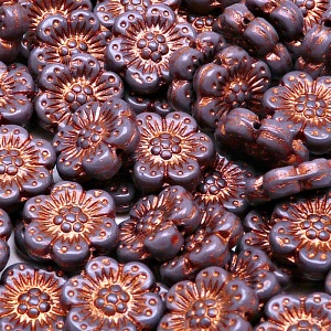 8pcs Czech Pressed Glass Flat Flower Beads 14mm Opaque Amethyst Bronze Fired Color