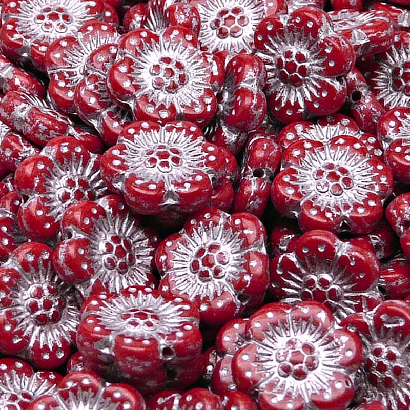 8pcs Czech Pressed Glass Flat Flower Beads 14mm Opaque Red Coral Silver Fired Color
